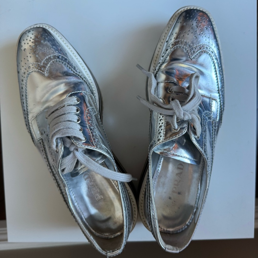 Prada Metallic Silver Leather Platform Brogue Derby Oxfords 23cm Cyberpunk Space - Picture 4 of 11